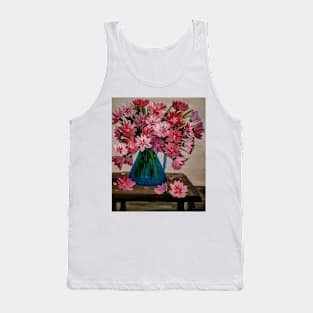 Abstract red and pink flowers im a metallic blue jug vase . On a table Tank Top